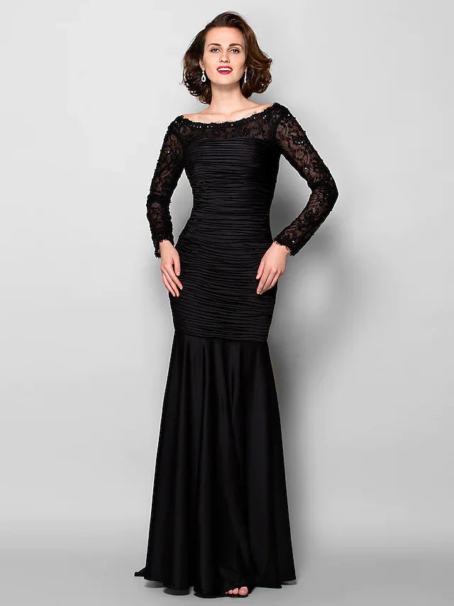 Wholesale Mother of the Bride Dress Beautiful Back Jewel Neck Lace Jersey Long Sleeve with Lace Ruched Beading